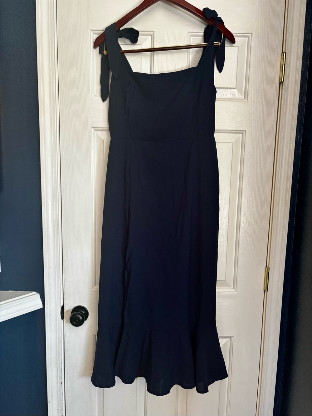 Tie-Shoulder Navy Midi Dress with Flounce Hem and Leg Slit